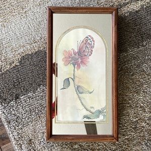 Vintage 1980s Flower and Butterfly Mirrored Watercolor Wall Hanging
